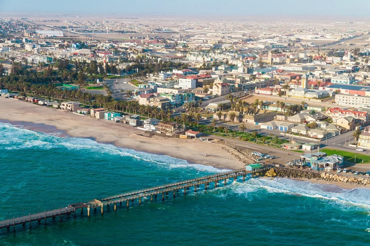 Aerial view of Swakopmund's coastline and jetty on the Namibian coast